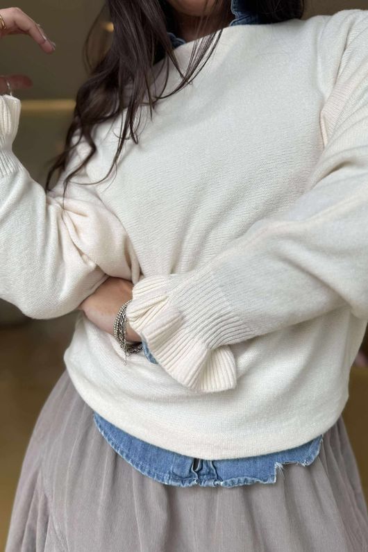 Conrad Batwing Ruffle Cuff Knit Ecru